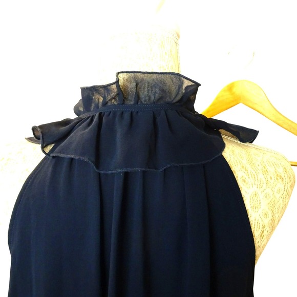 Kensie Navy Blue Sleeveless Ruffle Neck Tie Front Chiffon Blouse Top Size S - Picture 7 of 8